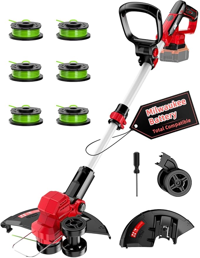 Cordless Weed Wacker, for Milwaukee M18 Battery, 3 IN 1 Battery Powered Weed Eater & Edger & Mower with Auto Line Feed, 20000 RPM 12 Inch Brushless Grass Trimmer, 6 Line Spools String Trimmer for Lawn