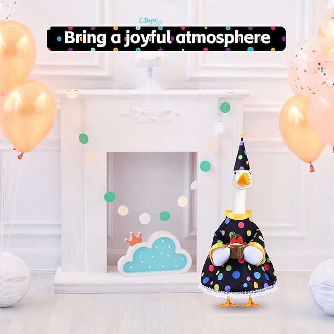 Happy Birthday Goose Outfit Porch Goose Outfits with Happy Birthday Cake Hat and Clothing for 23" Cement/Plastic Porch Goose Outdoor Statue Patio Yard Lawn Art