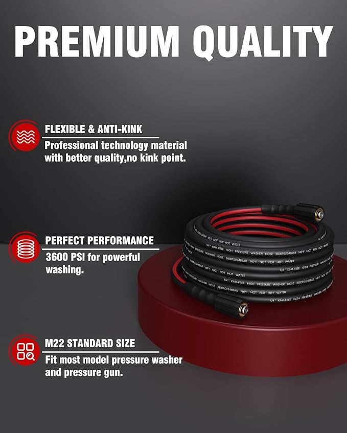 Flexible Pressure Washer Hose 25 FT, 3600 PSI Kink Resistant Power Washer Hose Replacement, 1/4" electric Washer Hose Extension With M22 Solid Brass Fitting