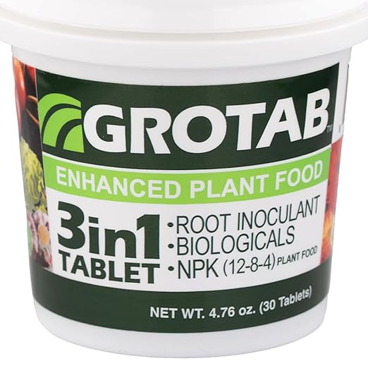 GROTAB 3-in-1 Plant Food Tablets 30 Tabs Natural 12-8-4 Plant Fertilizer Outdoor Indoor All-Purpose Flower Garden Vegetable Orchard Greenhouse Plant Fertilizer with Mycorrhizal Trichoderma Microbials
