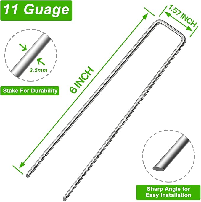 Landscape Staples 6 Inch 150 Packs 11 Gauge Galvanized Lawn Stakes, Heavy Duty Sod Pins for Fences, Lawns, Weed Barriers, and Landscape Fabrics, Netting, Irrigation Hose, Floor Mats
