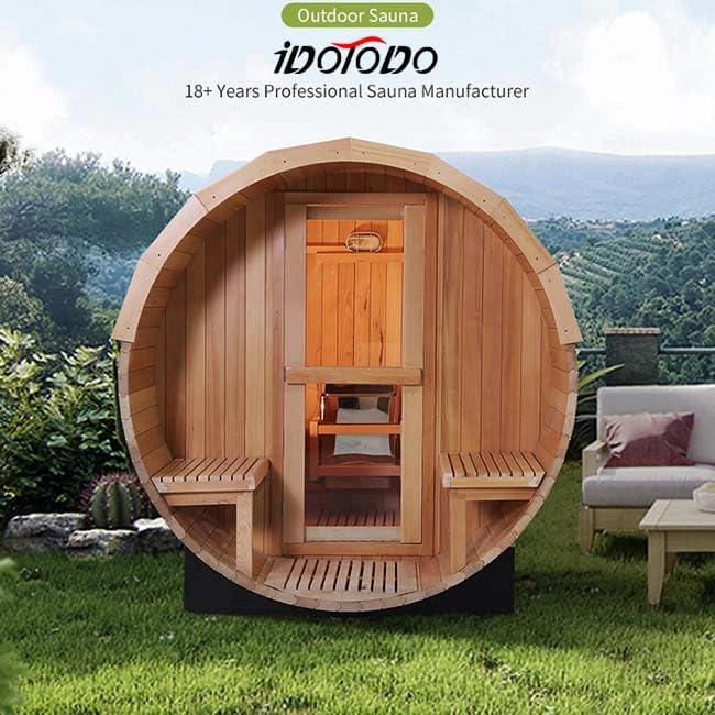 Outdoor Barrel Sauna, 6 Person Wood Steam Saunas Room with Porch, 6kw Toule Electric Heater with Sauna Stone, Canadian Pine, Roof, 94.48”*70.86“*70.86“ (Pine)