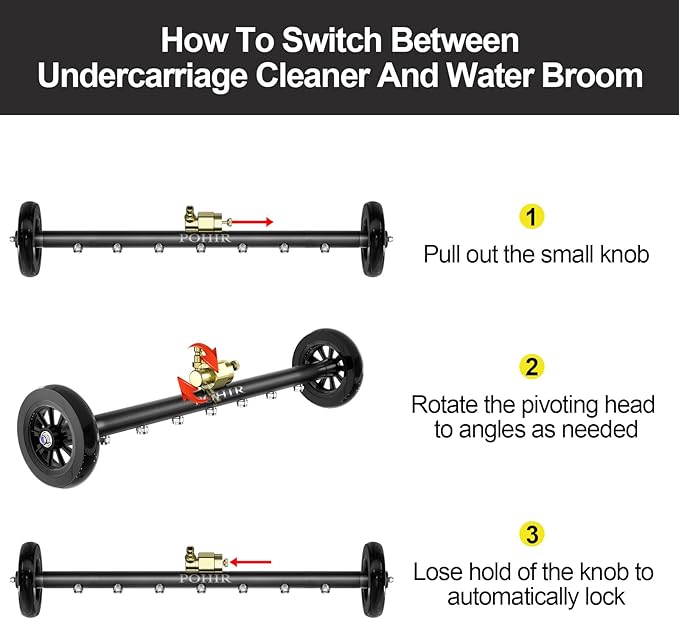POHIR Undercarriage Pressure Washer Attachment Pro Max 24", Surface Cleaner Water Broom with 3pcs Extension Wand and Quick Connect Pivot Coupler 4000psi, 2 in 1 Underbody Car Washer
