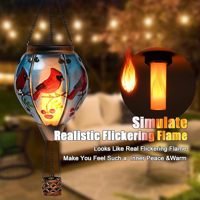 Hot Air Balloon Solar Lantern - Cardinal Bird Glass Lantern, Simulated Flickering & Dancing Flame, Outdoor Hanging Yard Light Waterproof IP65 for Patio Lawn Porch Decor Gift