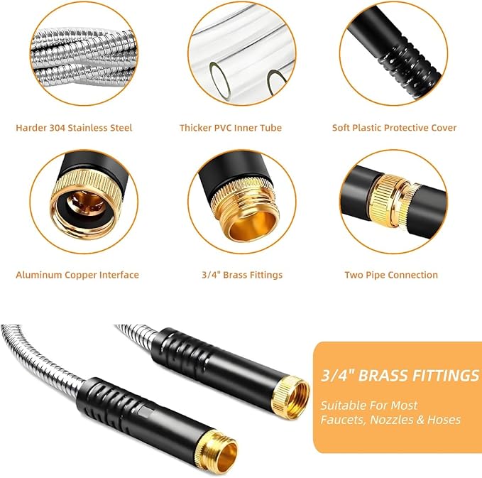 Garden Hose 100FT, Stainless Steel Water Hose with Nozzle, Flexible, Lightweight, Puncture Proof, Never Kink & Tangle, Heavy Duty Garden Hose for Yard and Outdoor