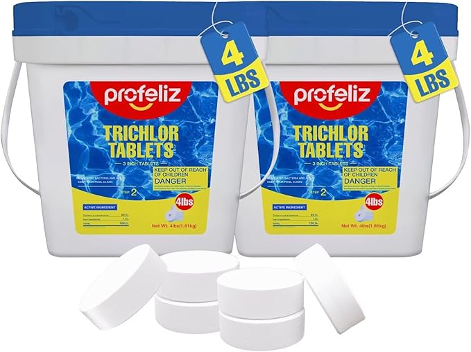PROFELIZ 2-Pack Chlorine Tablets 3 Inch for Swimming Pools, Kills Bacteria and Stops Algae, Slow Dissolving,Individually Wrapped,Pool Chlorine Tablets,8 LB