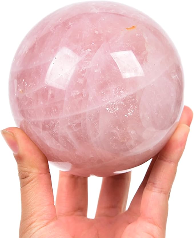 JIC Gem Large Healing Crystal Ball Pink Rose Quartz Crystal Sphere Ball with Stand Decorative Ball Home Decoration (110-120mm)