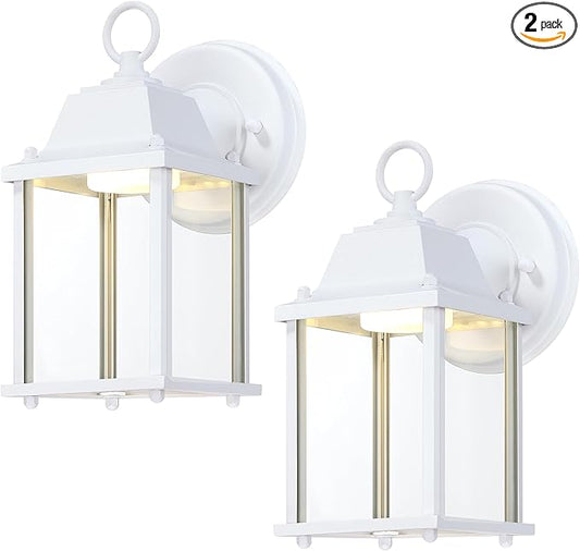 LIT-PaTH Outdoor LED Wall Lantern, Wall Sconce as Porch Light, 9.5W 800 Lumen, Aluminum Housing Plus Glass, 3000k-Matte White Finish, 2-Pack