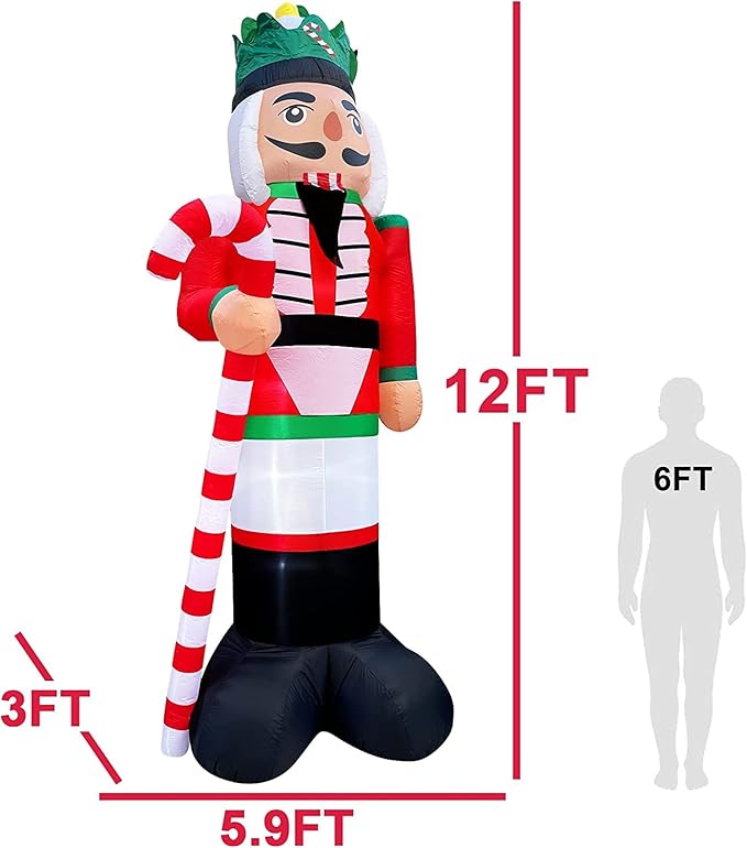 TURNMEON 12 Foot Giant Christmas Inflatables Nutcracker Decoration Outdoor Blow Up Candy Cane Christmas Decoration with Build-in LED Light Tethers Stakes Xmas Decor Holiday Party Yard Garden Lawn Home