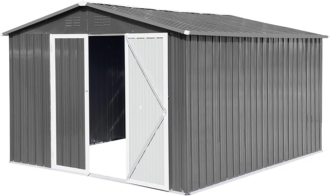 10x12 FT Metal Outdoor Storage Shed & Double Hinged Large Door - Heavy-Duty Shed with Floor, Lockable & Ventilation - Rainproof Windproof Large Utility Garden Shed for Backyard Patio Lawn - Light Gray