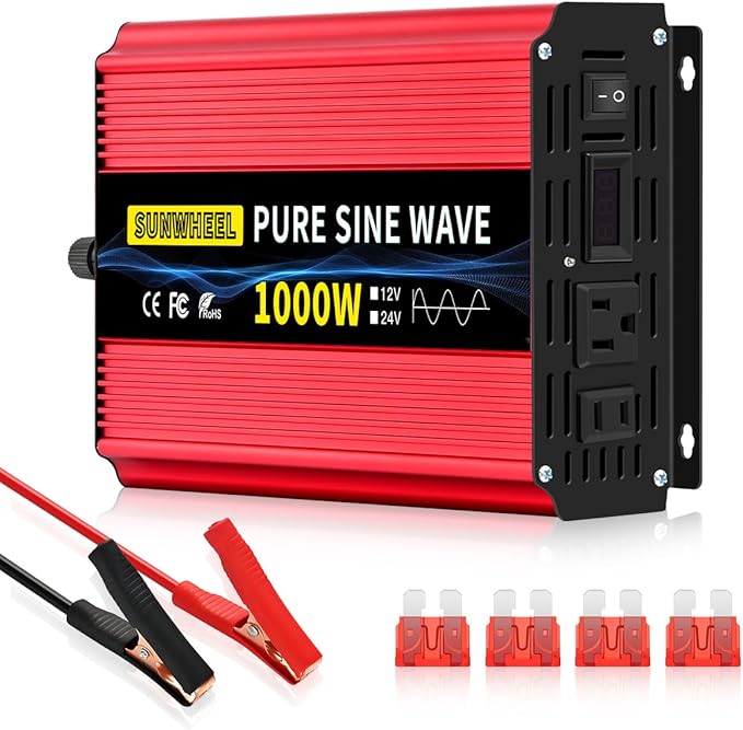 SUNWHEEL 1000W Pure Sine Wave Inverter, 12V DC to 110V/120V AC Power Inverter for RV、Off Grid、Truck、Refrigerator with 2 AC outlets and LCD Display