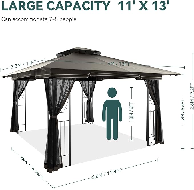 11x13 Outdoor Patio Gazebo with Mosquito Netting and Corner Frame Screen Wall, Double Roofs Metal Frame Party Canopy Tent Shelter for Backyard Garden Deck - Brown