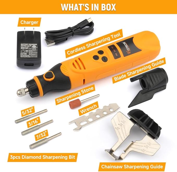 Hoteche Cordless Electric Chainsaw Sharpener Kit Handheld Chains Blade Sharpening Tool with 3 Diamond Sharpening Bits