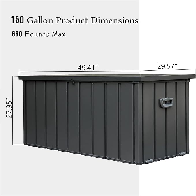 LANTRO JS 150 Gallon Metal Deck Box, Outdoor Storage Box Waterproof with Wheels, Lockable Storage Container for Patio Furniture Cushions Garden Tools, Dark Gray