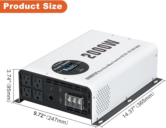 2000W Pure Sine Wave Power Inverter DC 12V to AC 120V Converter with LCD Display, Wireless Remote Control, 4 AC Outlets, 1 Hardwire Terminal, Dual USB Ports for RV Truck Boat Solar System