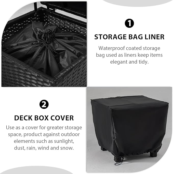 Outdoor Wicker Storage Box with Cover, 13 Gallon PE Rattan Deck Box for Outside with Waterproof Liner, Patio Storage Chest with Hinged Lid for Cushions, Pillows, Towels, Horizontal Bin, Black