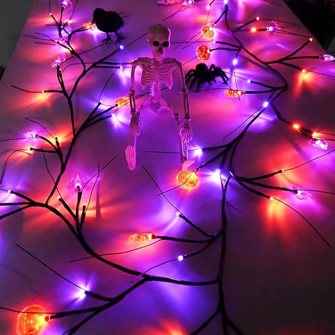 Halloween Decor Lights 8.8 Ft 72 LED Willow Vine Twig with Timer Battery Operated Garland Light 12 LED Pumpkin 12 LED Bats and 48 Lights Halloween Party Decoration for Home Wall Fireplace