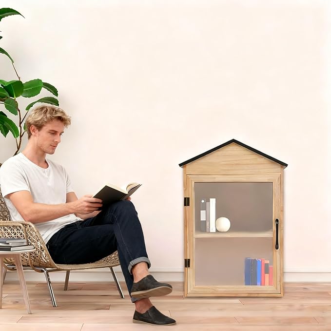 Outdoor Library Book Box - 2-Tier Literature Exchange Box Outdoor Book Storage Little Wood Cabinet with Shelf for DIY, Neighborhoods Community and Schools Sharing Books, Literature (Style 2)