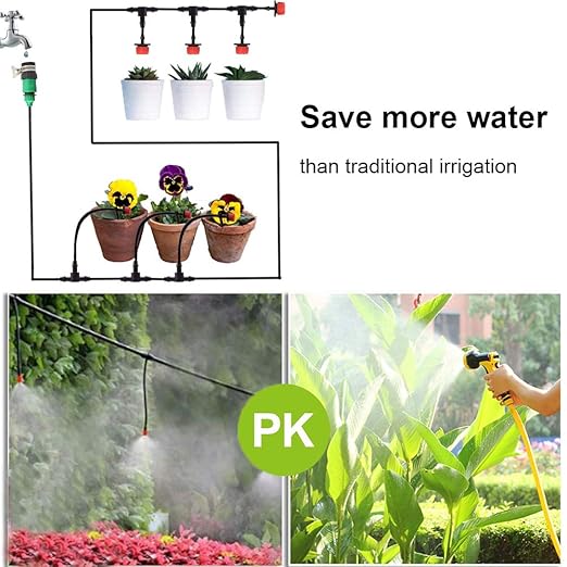 MSDADA Garden 50Ft Automatic Irrigation System, 1/4" Blank Distribution Plant Watering Irrigation Kit Accessories Include Atomizing Nozzle Mister Dripper for Garden, Greenhouse, Flower Bed