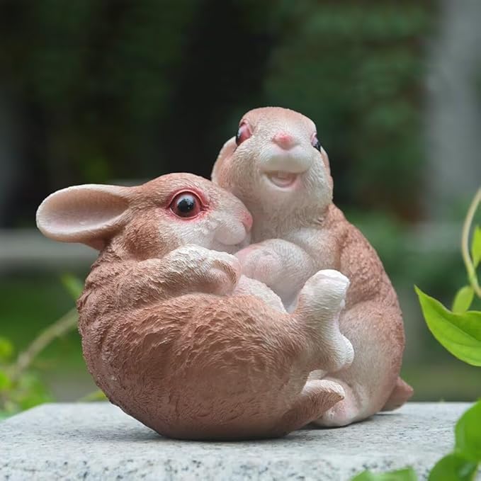 Garden Statues Bunny Decor Resin Hug Rabbit Figurine Cute Fairy Garden Decor Outdoor Statues for Patio Yard Porch Balcony Gifts for Women Mom Grandma Brown