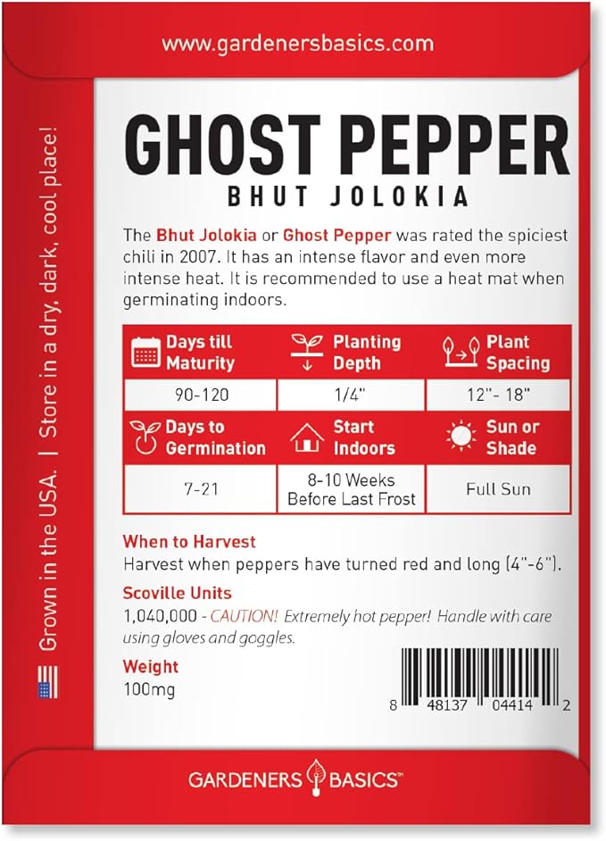 Gardeners Basics, Ghost Pepper Seeds for Planting Spicy Hot - Heirloom Non-GMO Hot Pepper Seeds for Home Garden Vegetables Makes a Great Plant Gift for Gardening