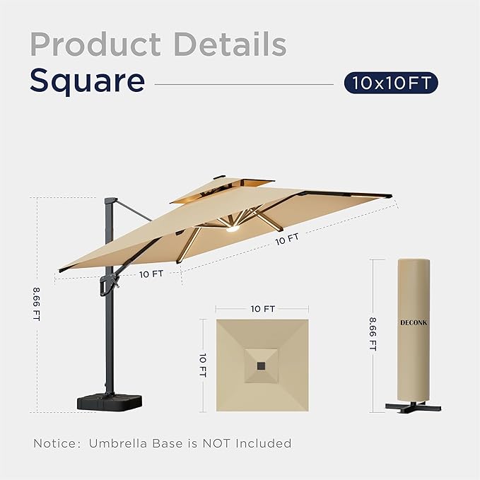 10x10 FT Cantilever Patio Umbrella with Led Lights Double Top Outdoor Square Heavy Duty Offset Umbrellas 360°Rotation Free-motion Track Tilt Windproof for Pool Deck Garden, Beige