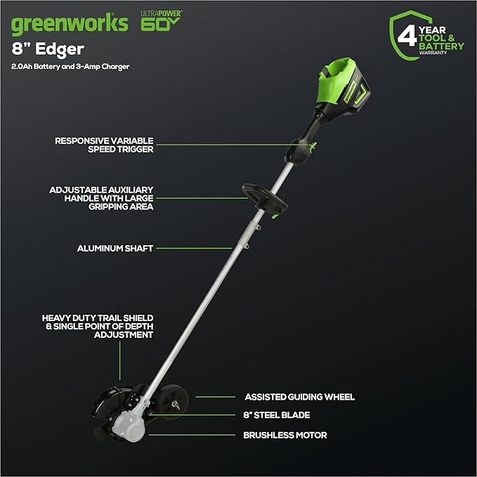 Greenworks 60V 8" Brushless Cordless Edger, 2.0 Ah Battery and Charger Included