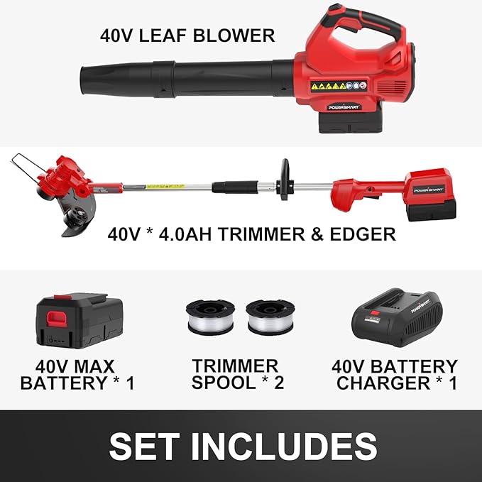 PowerSmart 40V MAX String Trimmer & Edger 2-in-1(with Automated Feed Spool)+ 40V Leaf Blower Combo Kit, 4.0Ah Battery and Charger Included