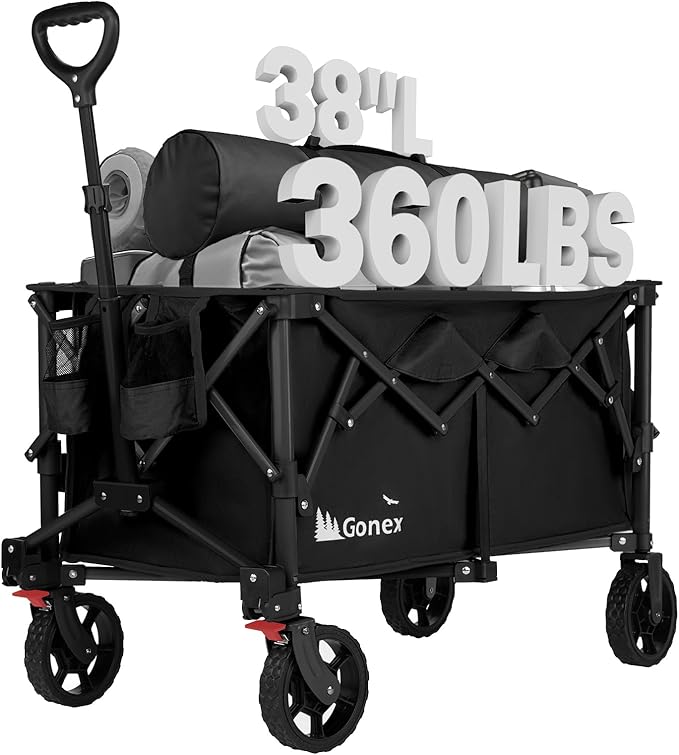 Gonex 38''L Collapsible Foldable Wagon Cart with 360lbs Weight Capacity, 220L Folding Utility Garden Cart with Detachable Wheels for Grocery Sports Shopping Camping - Black