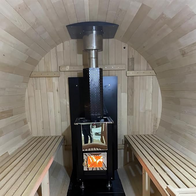 Outdoor Barrel Sauna with Porch, Wood Burning Stove Sauna 4 Person, Canadian Hemlock, Chimney Kit, Triple Waterproof System, Double Reinforcement(0-195℉)