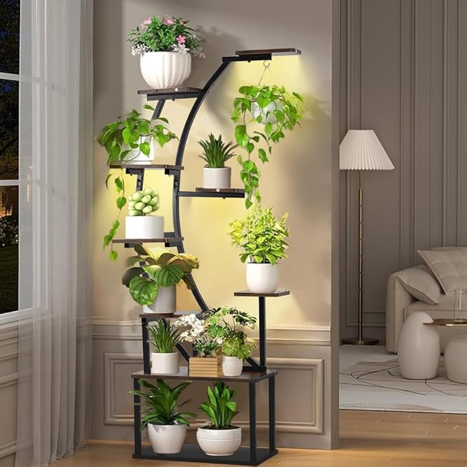 VINCIGANT Black Metal Plant Stand with Grow Light, 9 Tiered Shelf, 60" Corner Plant Holder for Living Room, Home, Patio, Balcony