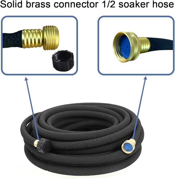 1/2inch 100ft Garden Soaker Hose Solid Brass Connector Heavy Duty Water Hose Perfect for Garden, Vegetable| Leakproof Lightweight 100 FT Soaker Hose