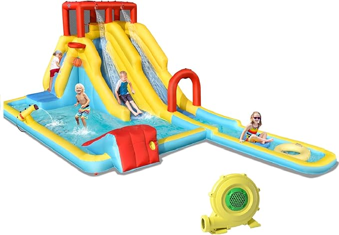 BOUNTECH Inflatable Water Slide, Dual Slides Kids Water Slide Park Bouncy Castle w/950W Blower, 2 Swimming Rings, Large Splash Pool, Backyard Outdoor Blow up Water Slides Inflatables for Big Kids