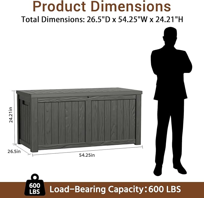 120 Gallon Resin Deck Box Outdoor with Hydraulic Rods, Waterproof Storage Box with Handles and Lockable for Store Garden Tools Backyard, Multi-Functional Seat & Table, Black