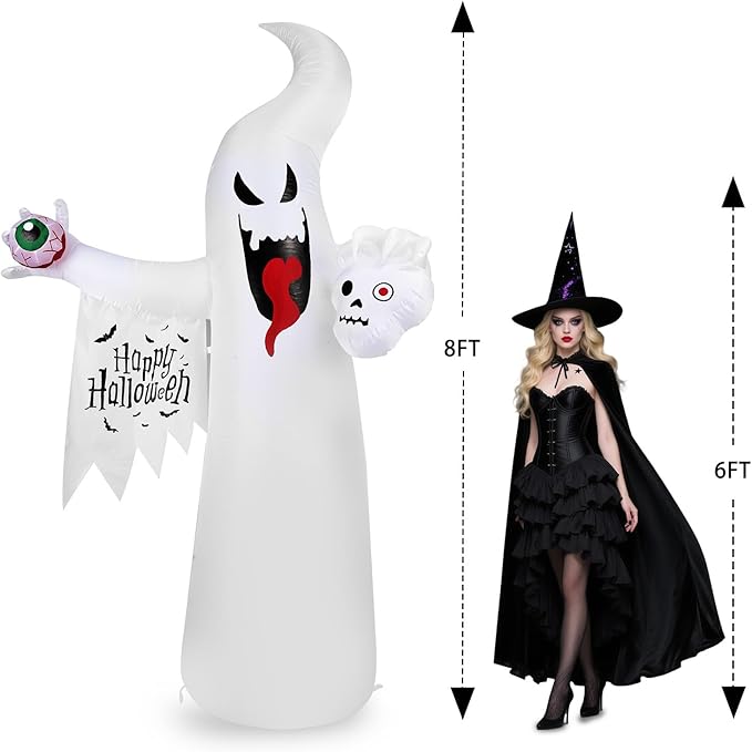 Halloween Inflatable Ghost Decoration, LED Color Changing Lights, Outdoor Yard Decor with Wings (8FT Casper The Ghost)