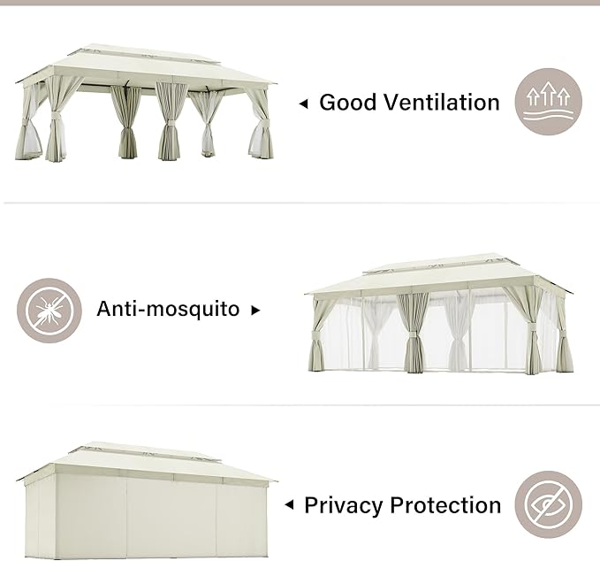 LAUSAINT HOME Outdoor Patio Gazebo 10'x20' with Expansion Bolts, Heavy Duty Party Tent & Shelter with Double Roofs, Mosquito Nettings and Privacy Screens for Backyard, Garden, Lawn, Cream White