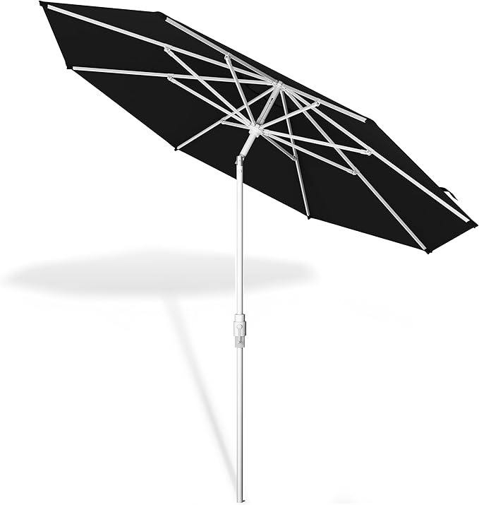 Midtown Umbrellas The Swilt 9 Feet Patio Umbrella in Terylast Ebony (Black) Polyester Fabric - Fiberglass Ribs, Auto-Tilt Aluminum Frame For Backyard, Deck, Garden, Pool - White Pole