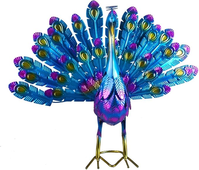 Small Peacock Statue Animal Sculpture Garden Decoration Metal Yard Art for Yard Outdoor Decoration (Purple)