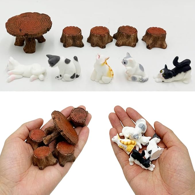 Smoothedo-Pets Small Polyresin Miniature Garden Figurines Accessories/Supplies/Fairy Garden Animals for Fairy Garden/Bonsai Craft Decor (Cat/Table Set)