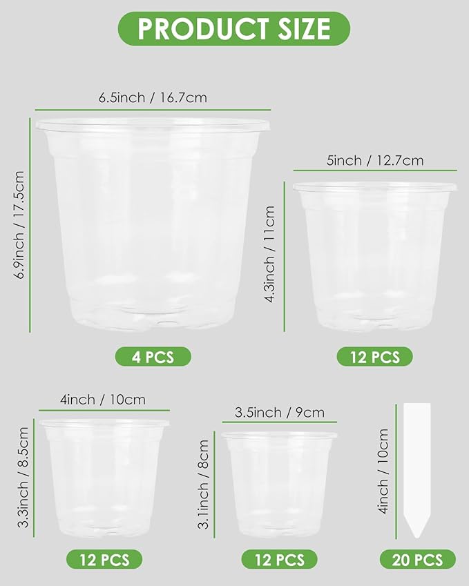 PACETAP 40Pack 6.5/5/4/3.5 Inch Reinforced Clear Nursery Pots with Drainage Holes, Variety Pack Plastic Plant Pots with 20 Plant Labels for Indoor Outdoor Flower Seed Starter