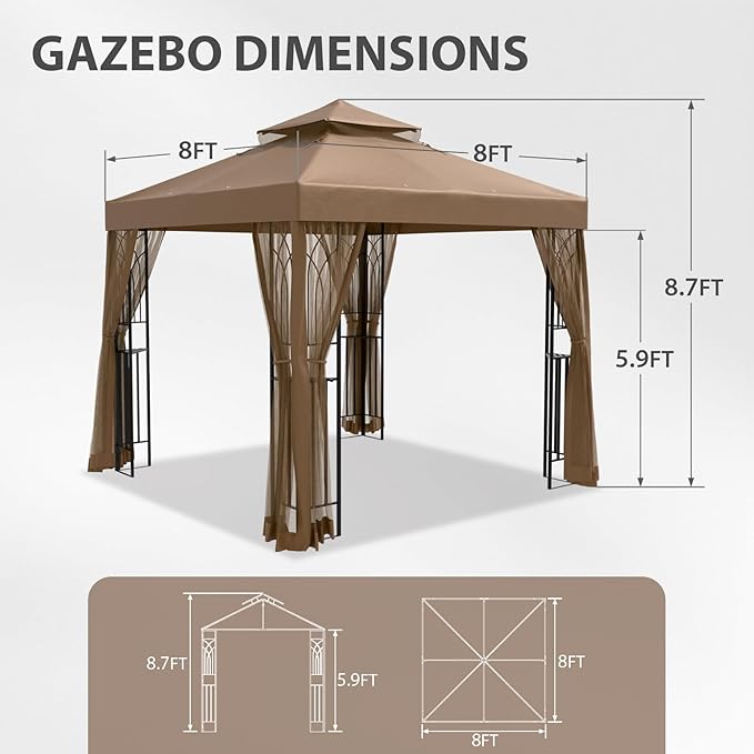 EAGLE PEAK 8x8 Patio Gazebo with Mesh Netting, Double Roof Outdoor Pavilion with Corner Shelves for Lawn, Deck, Garden and Backyard, Brown