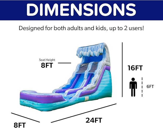 HeroKiddo Ocean Wave 16' Commercial Grade Inflatable Water Slide with Attached Pool and Drainage for Kids and Adults (with Blower), Outdoor Indoor, Birthday Party, Rental Quality, Big Inflatable