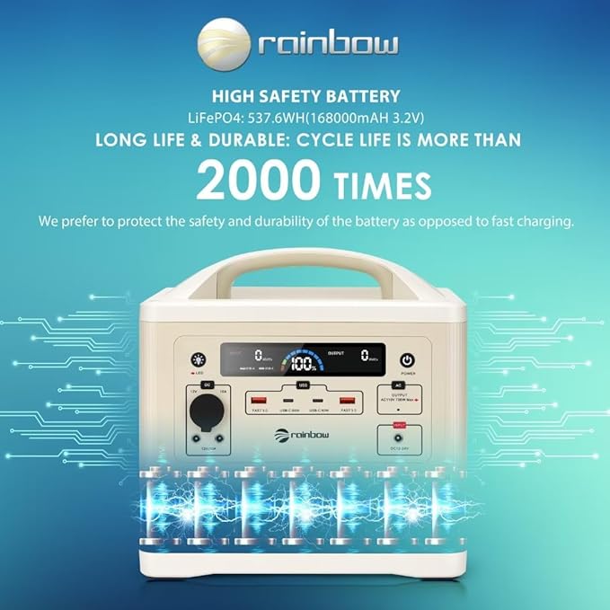 RAINBOW Portable Power Station 700W, 537Wh Backup LiFePO4 Battery, 3 x 110V/700W(Peak 1400W) AC Outlets, Solar Generator for Outdoor Camping, Quick Charge for Home, Hiking