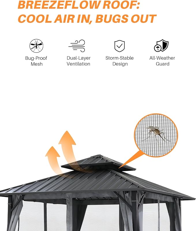 10' x 10' Hardtop Gazebo, Aluminum Frame Outdoor Patio Gazebos with Netting and Curtains, Outdoor Gazebo Canopy, Patio Pergola with Double Steel Roofs for Backyard, Patio, Deck, Slate Gray