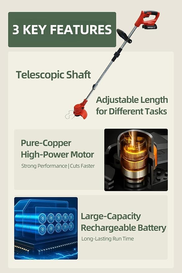 Cordless String Trimmer, Weed Wacker, Nylon Trimmer Head as Its Core Cutting Accessory, Telescopic Shaft and Foldable, 2 x Batteries, String Trimmer Cordless for Lawn, Garden and Yard, Red