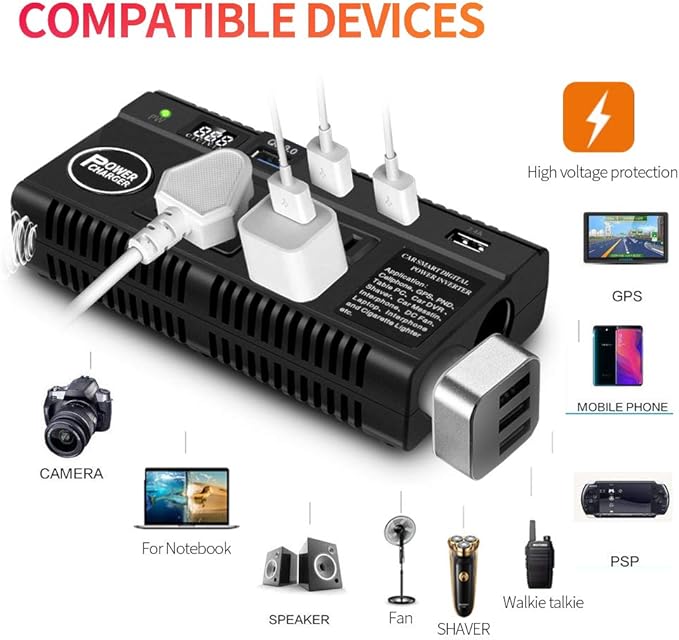 Car Power Inverter 120W 12V 24V DC to 110V AC 4 USB Ports Car Charger Adapter with 3 AC Outlets Dual Cigarette Lighter, Digital LED Display Quick Charging 3.0 for Phones Tablets PC Laptops (120W)