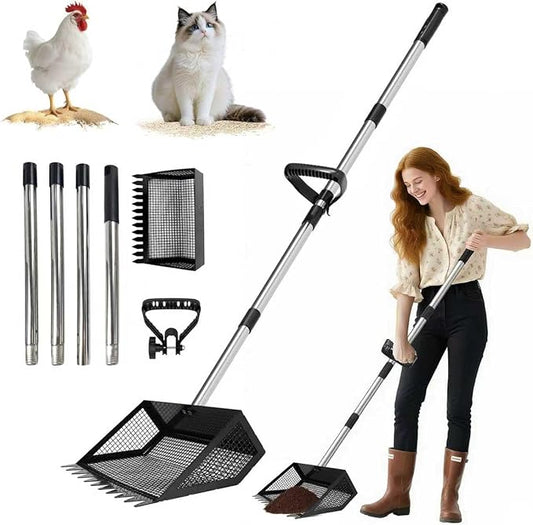 Chicken Poop Scooper and Rake 2-in-1, 10” Wide Metal Coop Scoop for Sand Sifting Shovel with 22" to 62” Adjustable Stainless Steel Handle, Cleaning Tools for Chicken Coops & Farm Animals Scoop