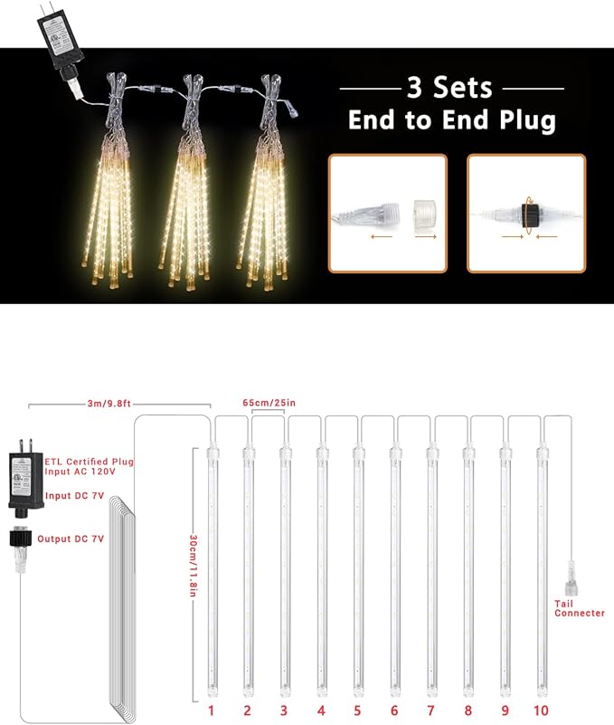 Flacchi Warm White 10 Tubes 240 LED Raindrop Meteor Shower Icicle Lights with Timer Function Cascading Falling Rain Lights for Holiday Party Christmas Decorations