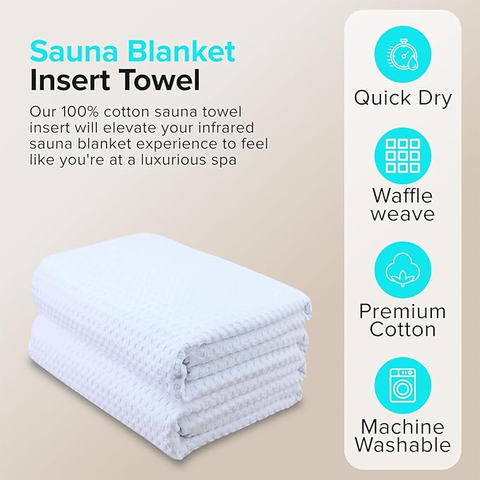 Sauna Blanket Insert Towel - 2 Pack Soft White Cotton Waffle - Comfortable and Easy Home Sessions Minimal Cleanup - Super Absorbent Sauna Towel