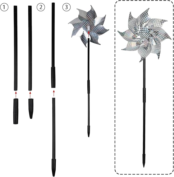 15 Pack Reflective Pinwheels with Stakes, 18.5" Plastic Bird Blinder Sparkly Pin Wheel Scare Birds and Animals Away Spinner Pinwheels for Lawn Yard Garden Farm